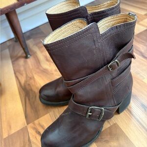 Frye Brown Combat Moto Boots with Buckle Straps